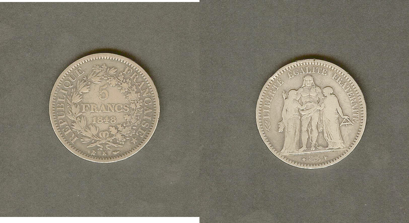5 francs Hercule, 2nd Republic 1848K F+/ gVF